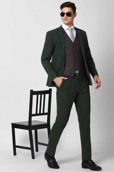 men green solid slim fit formal three piece suit