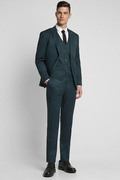 men green solid slim fit formal three piece suit