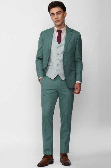 men green solid slim fit party three piece suit