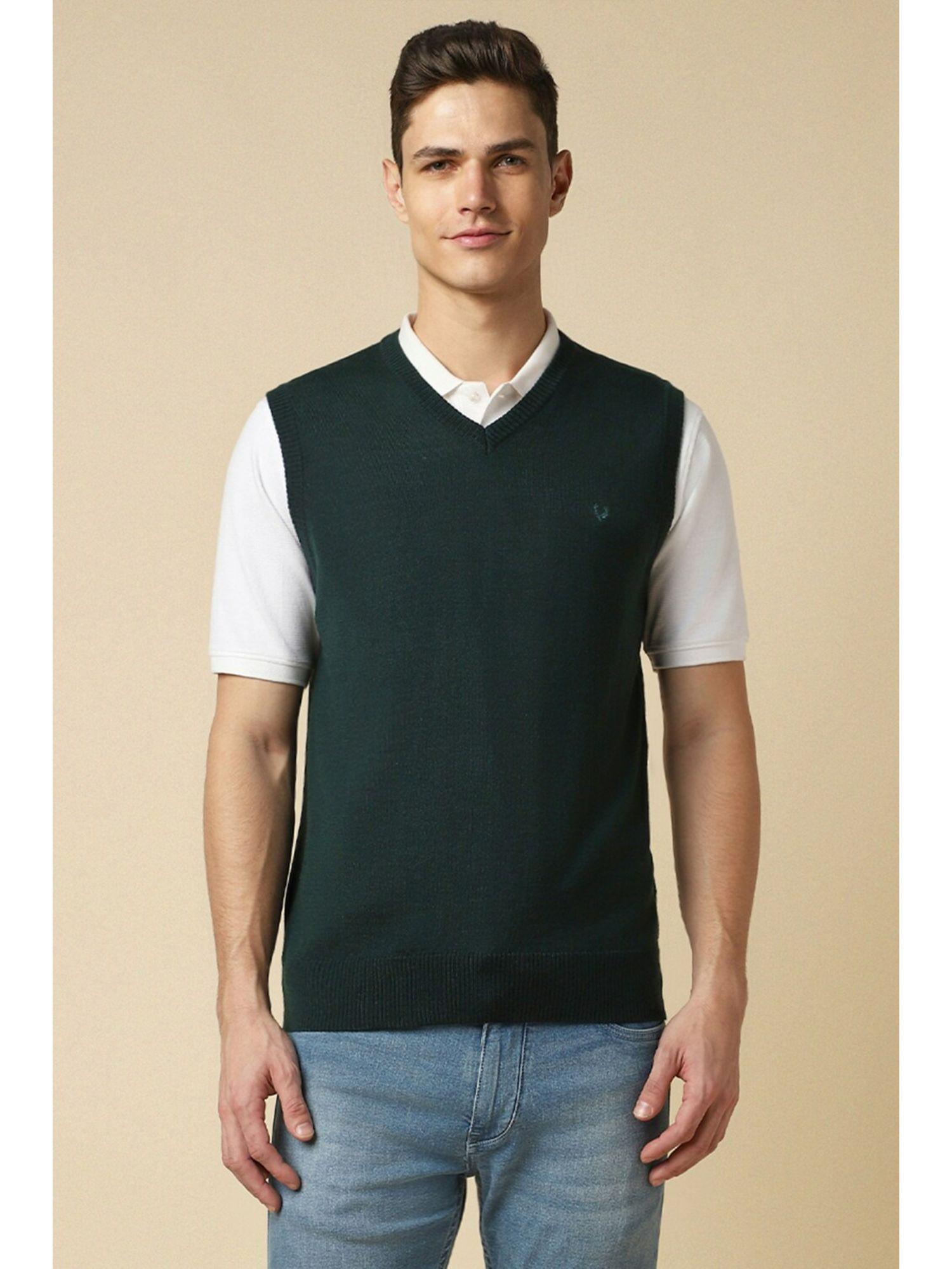 men green solid v neck sleeveless sweater