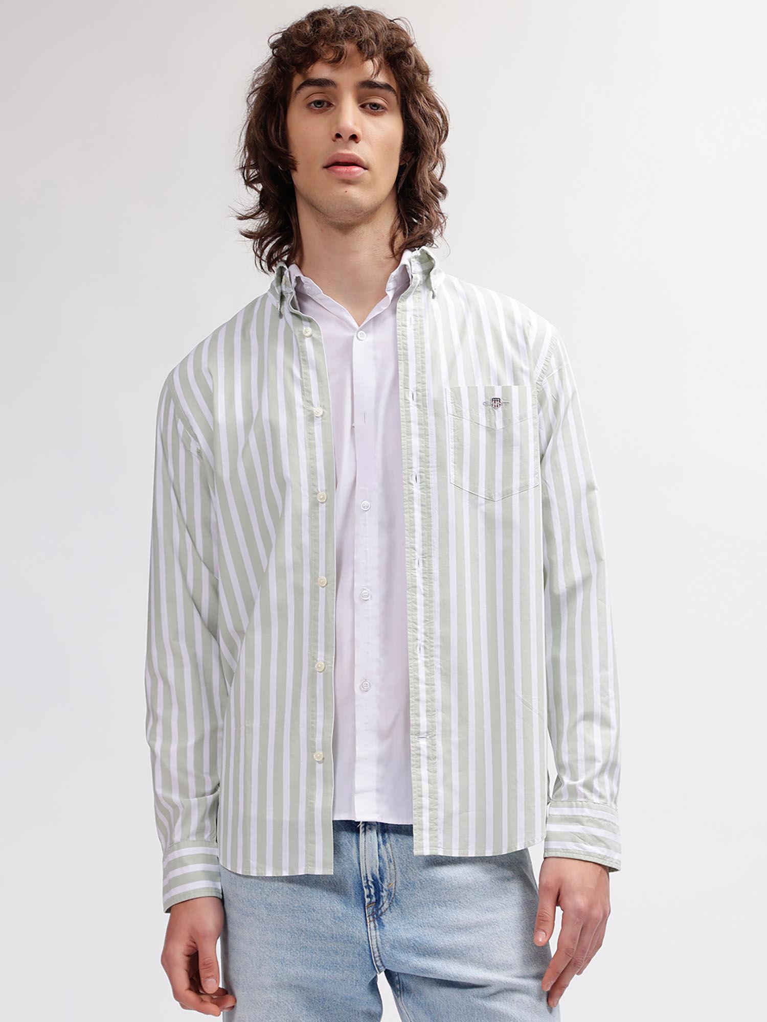 men green striped button down collar full sleeves shirt