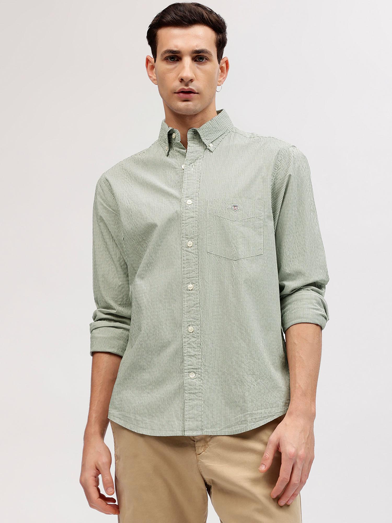 men green striped button-down collar full sleeves shirt