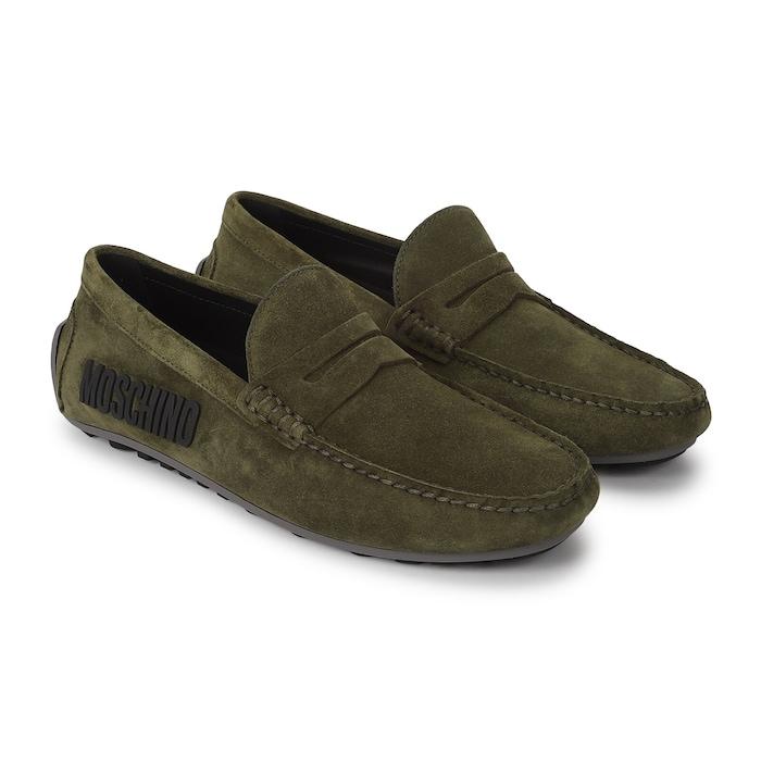 men green suede-finish side branding driving shoes