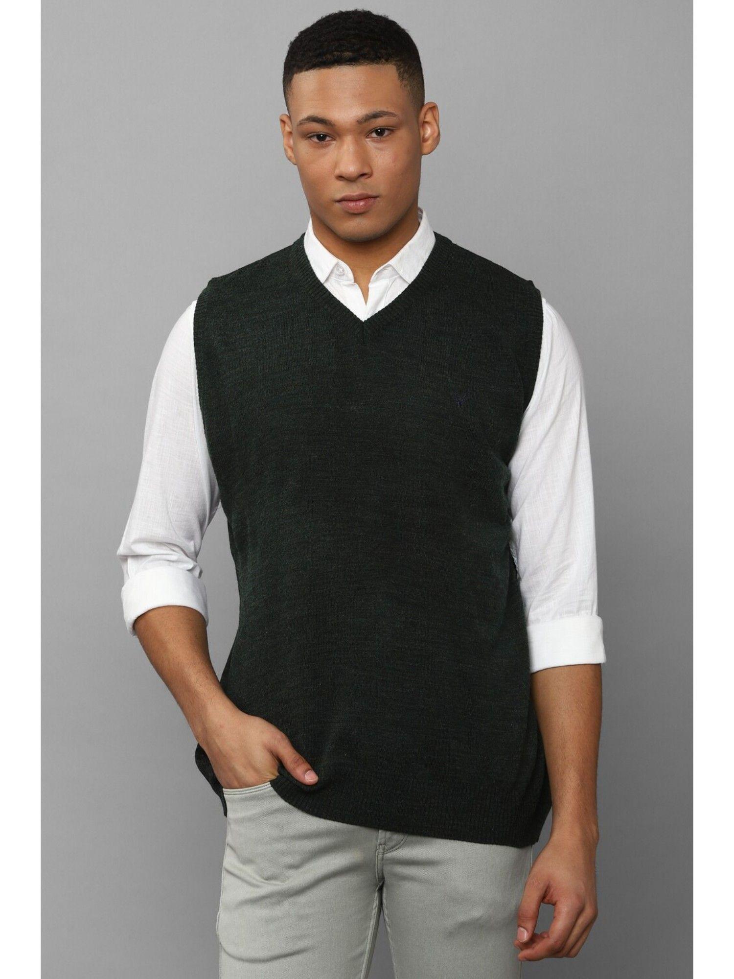 men green textured v neck sleeveless sweater