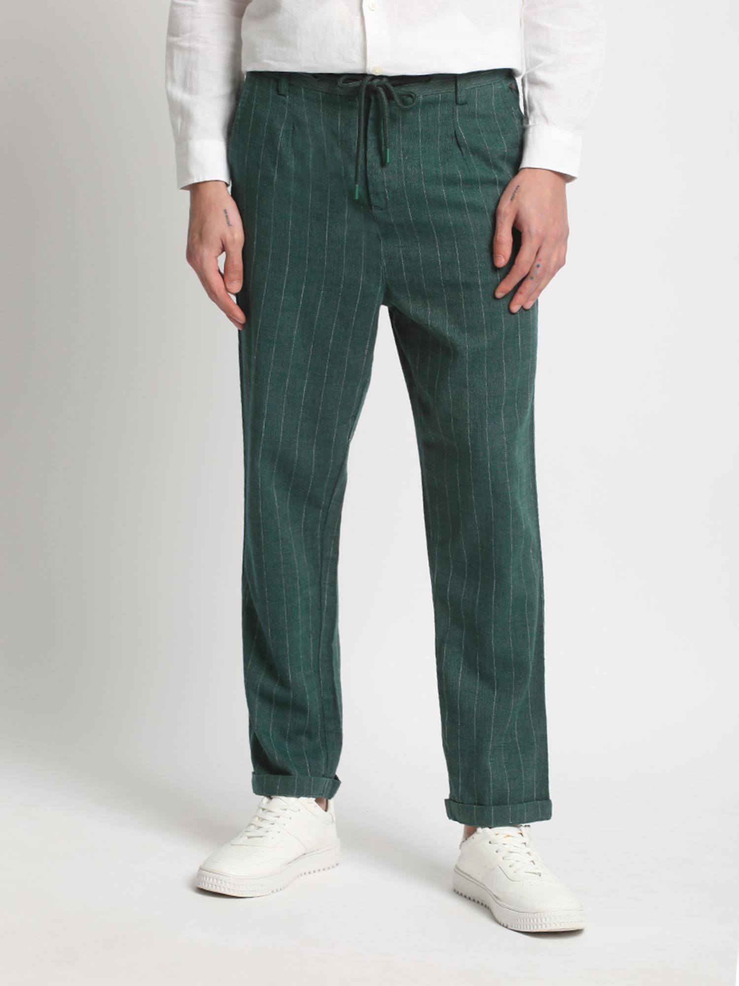 men green vertical stripes tapered slim fit chinos