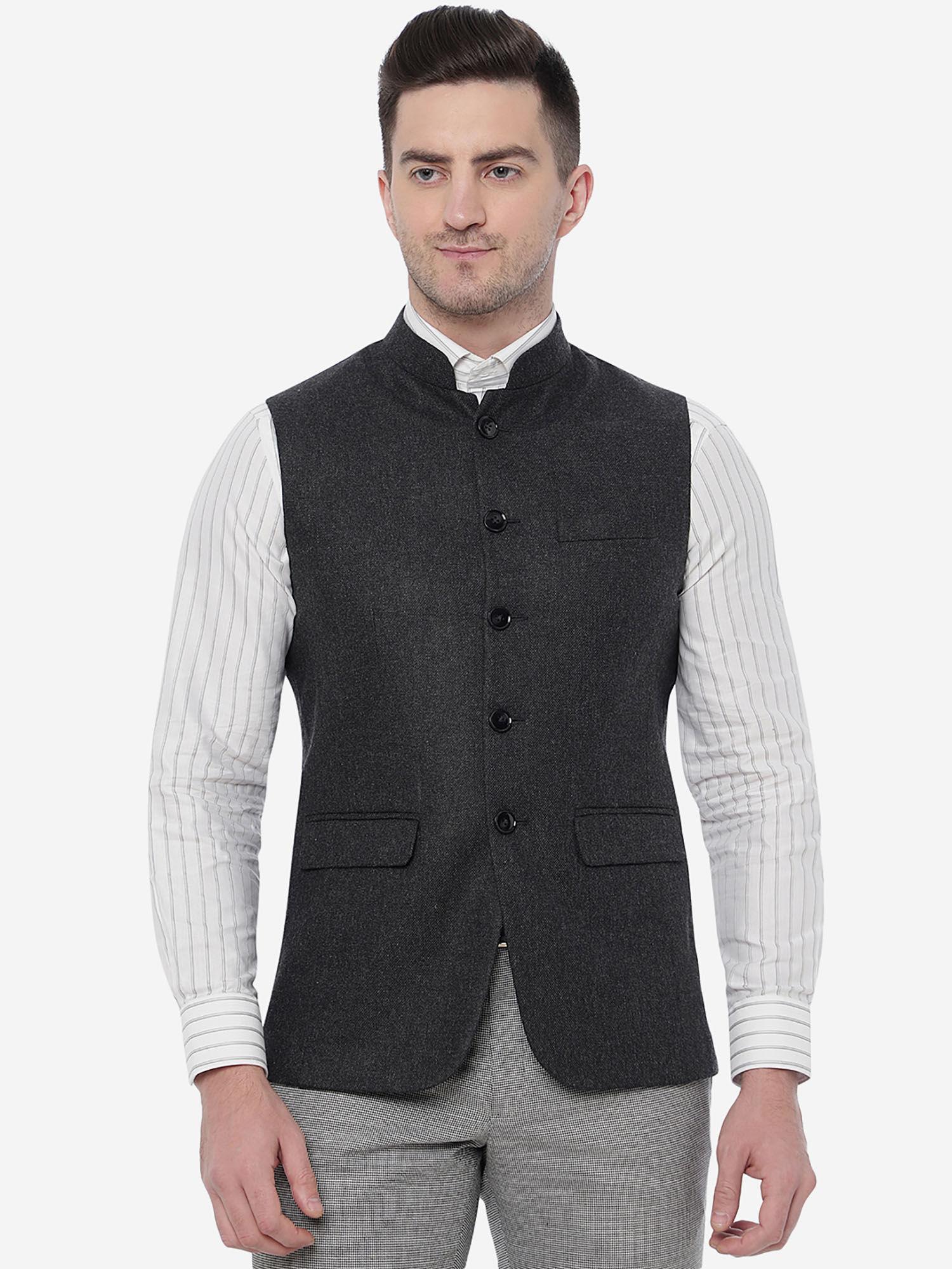 men grenish black solid bandhgala jacket