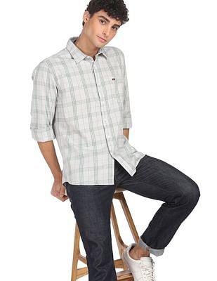 men grey and green slim fit check casual shirt