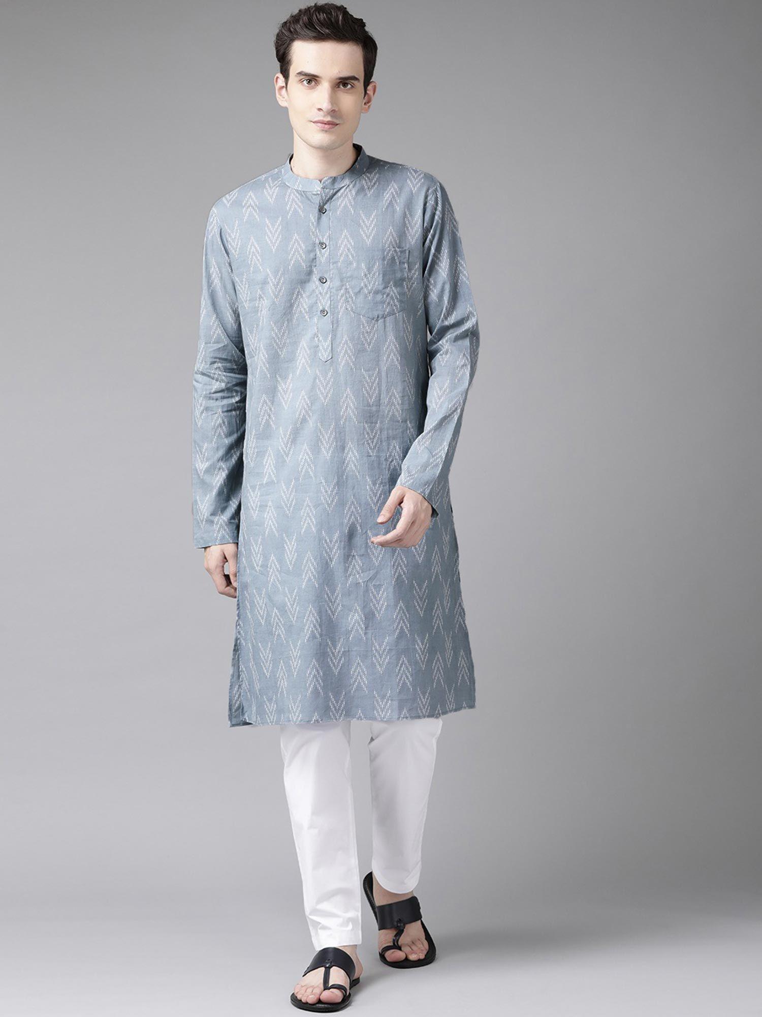 men grey and white printed straight kurta with pyjama (set of 2)