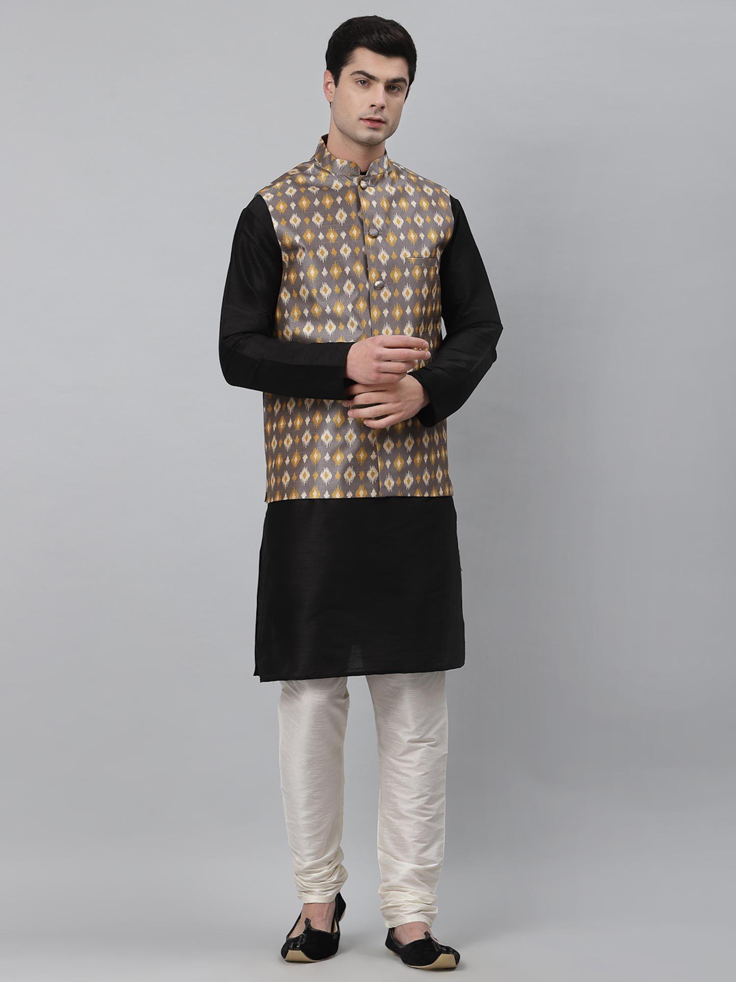 men grey black patola print dupion silk waistcoat and kurta pajama (set of 3)