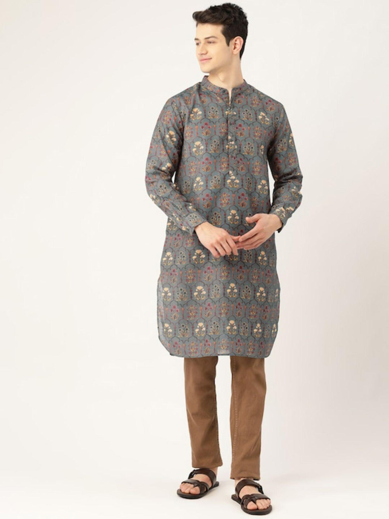 men grey brown printed straight kurta