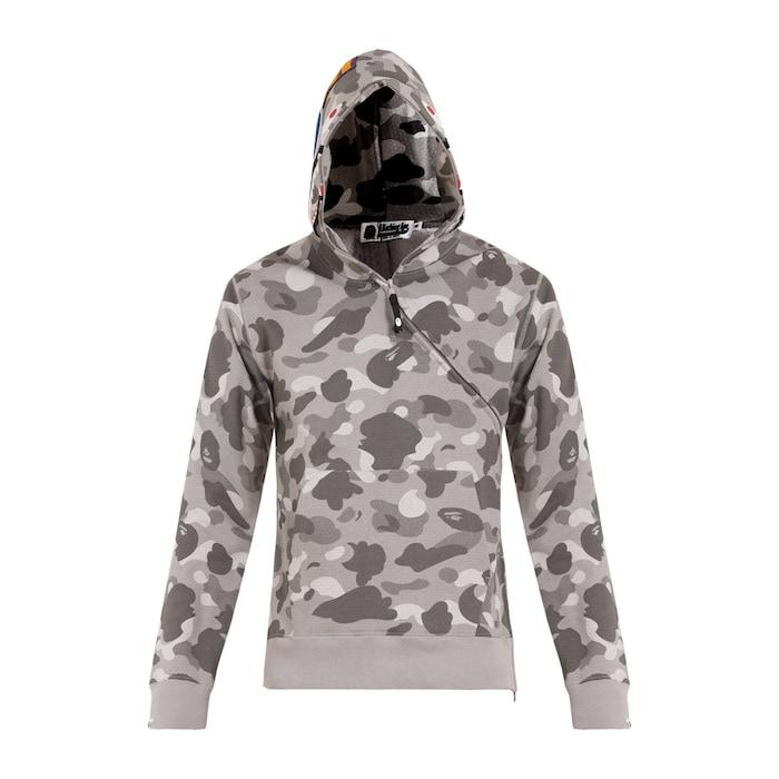 men grey camouflage print full-zipper shark hoodie