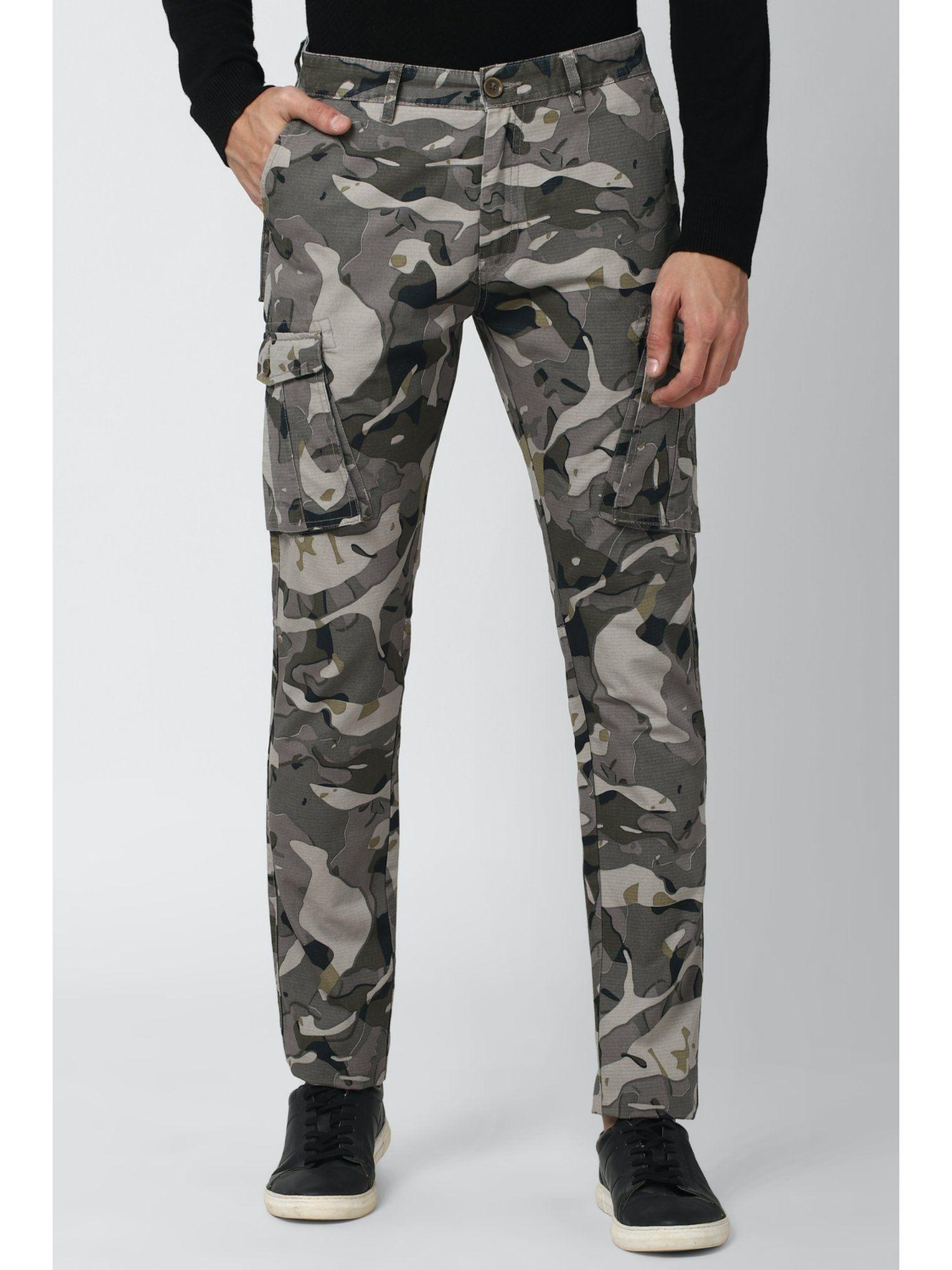 men grey camouflage regular fit casual trousers