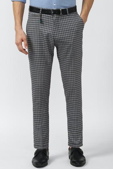 men grey check carrot fit casual trousers