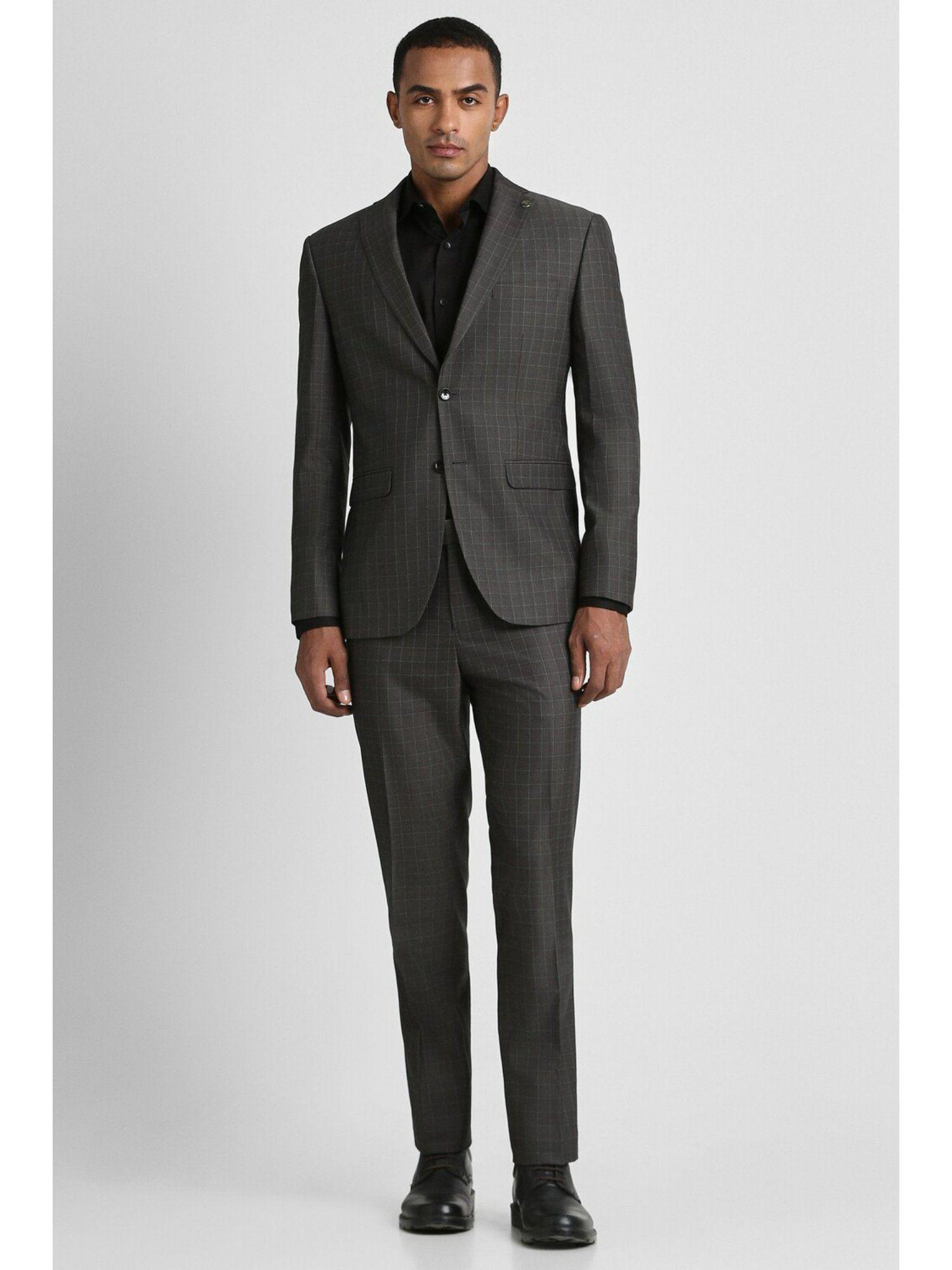 men grey check slim fit formal suit (set of 2)
