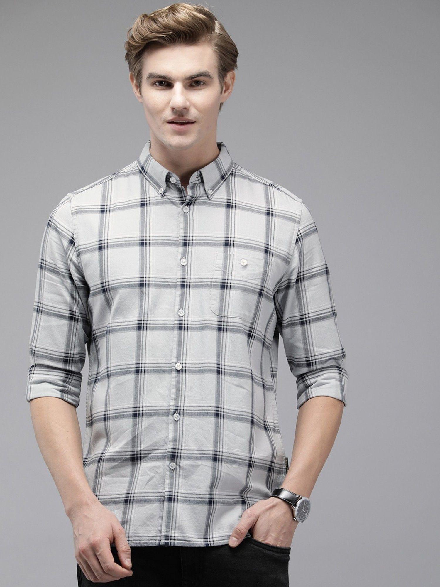men grey checked slim fit cotton casual shirt