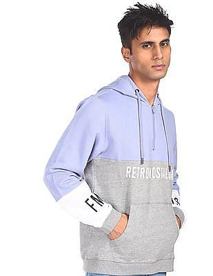 men grey colour blocked hooded sweatshirt