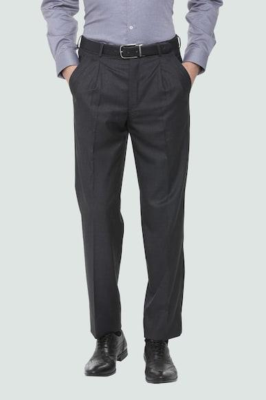 men grey comfort fit solid pleated formal trousers