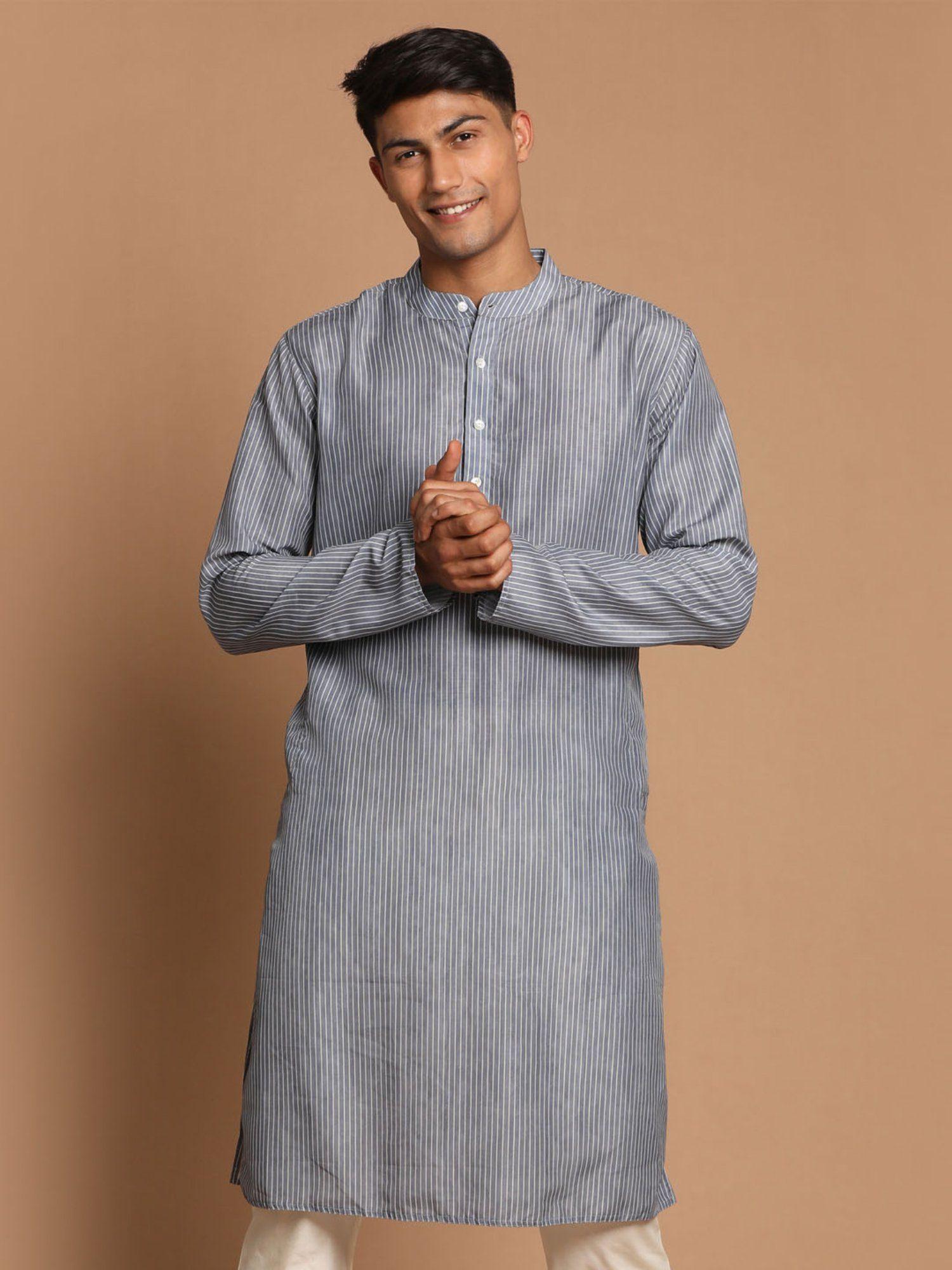 men grey cotton blend kurta