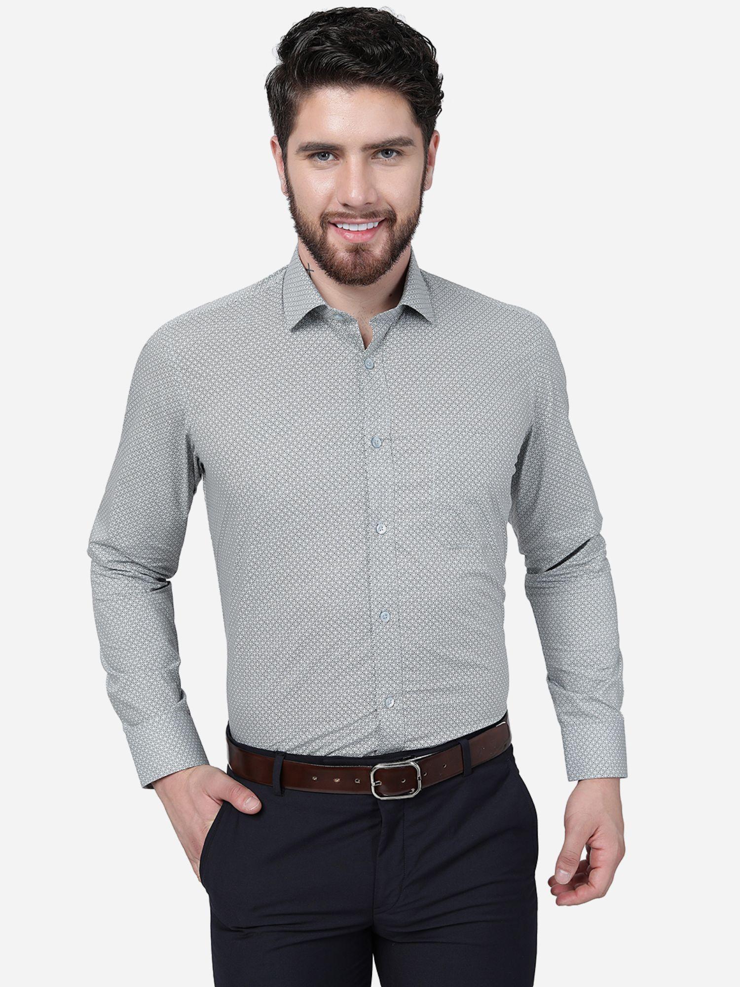 men grey cotton blend slim fit printed formal shirt