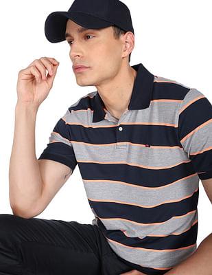 men grey cotton horizontal stripe polo shirt