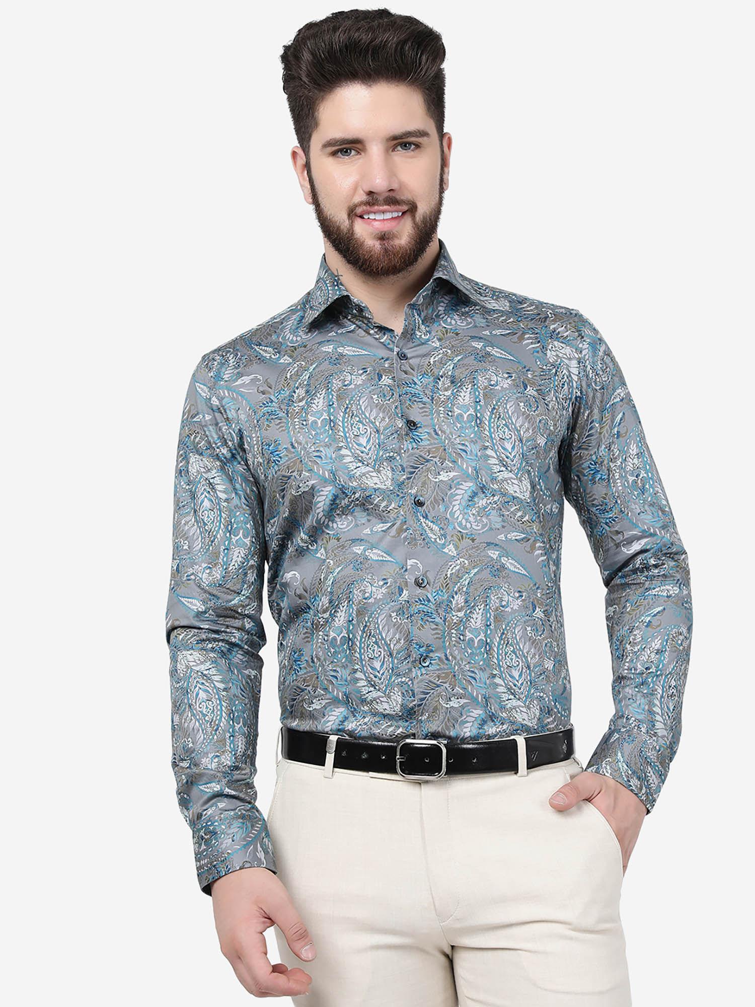 men grey cotton slim fit printed casual shirt