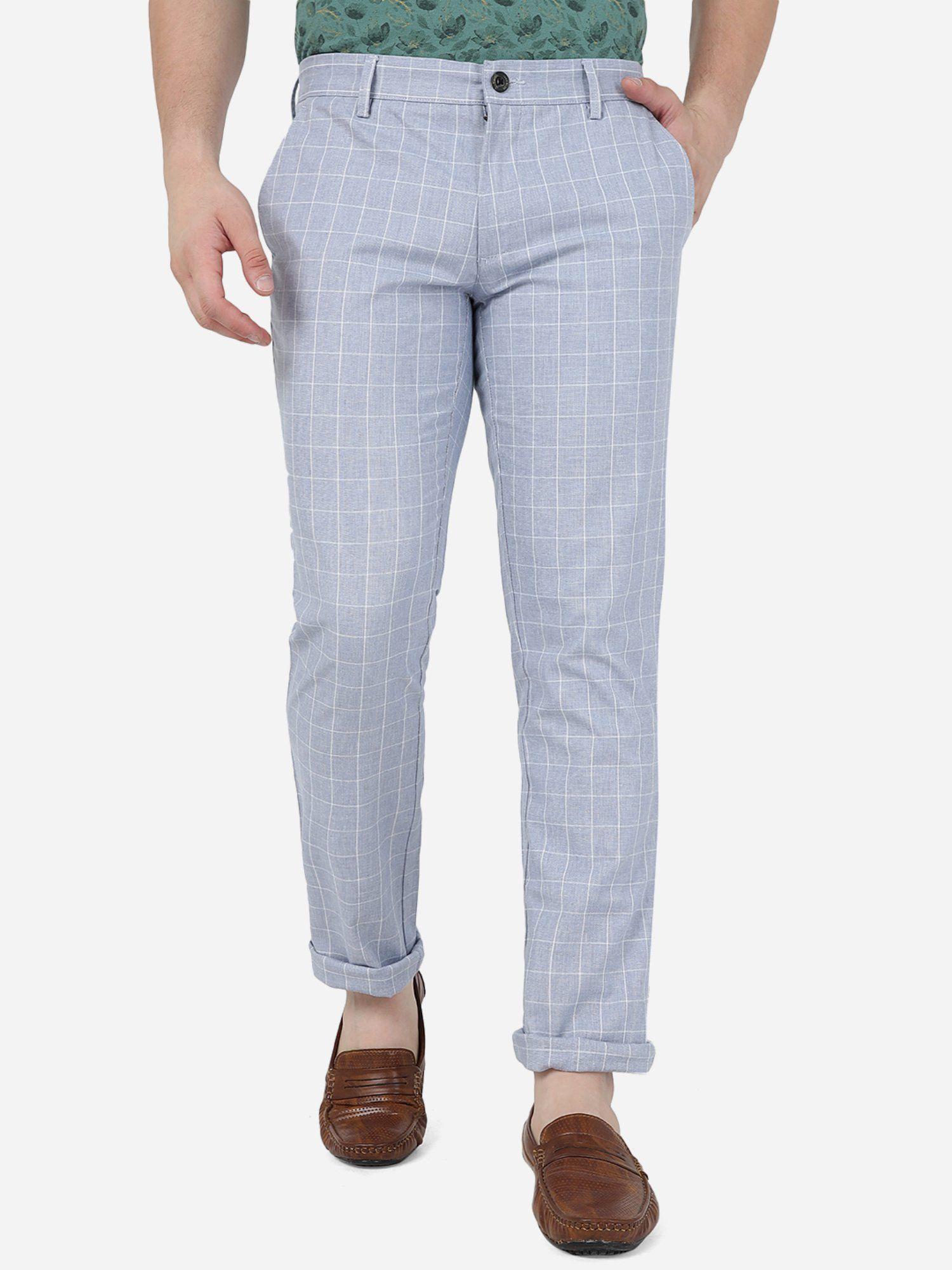 men grey cotton uno fit checks casual trouser