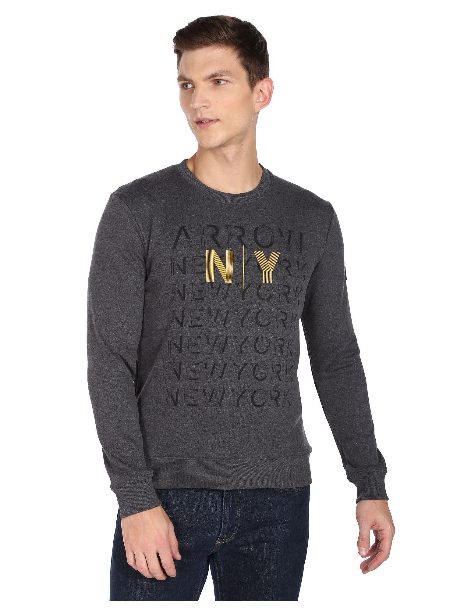 men grey crew neck brand print heathered sweatshirt
