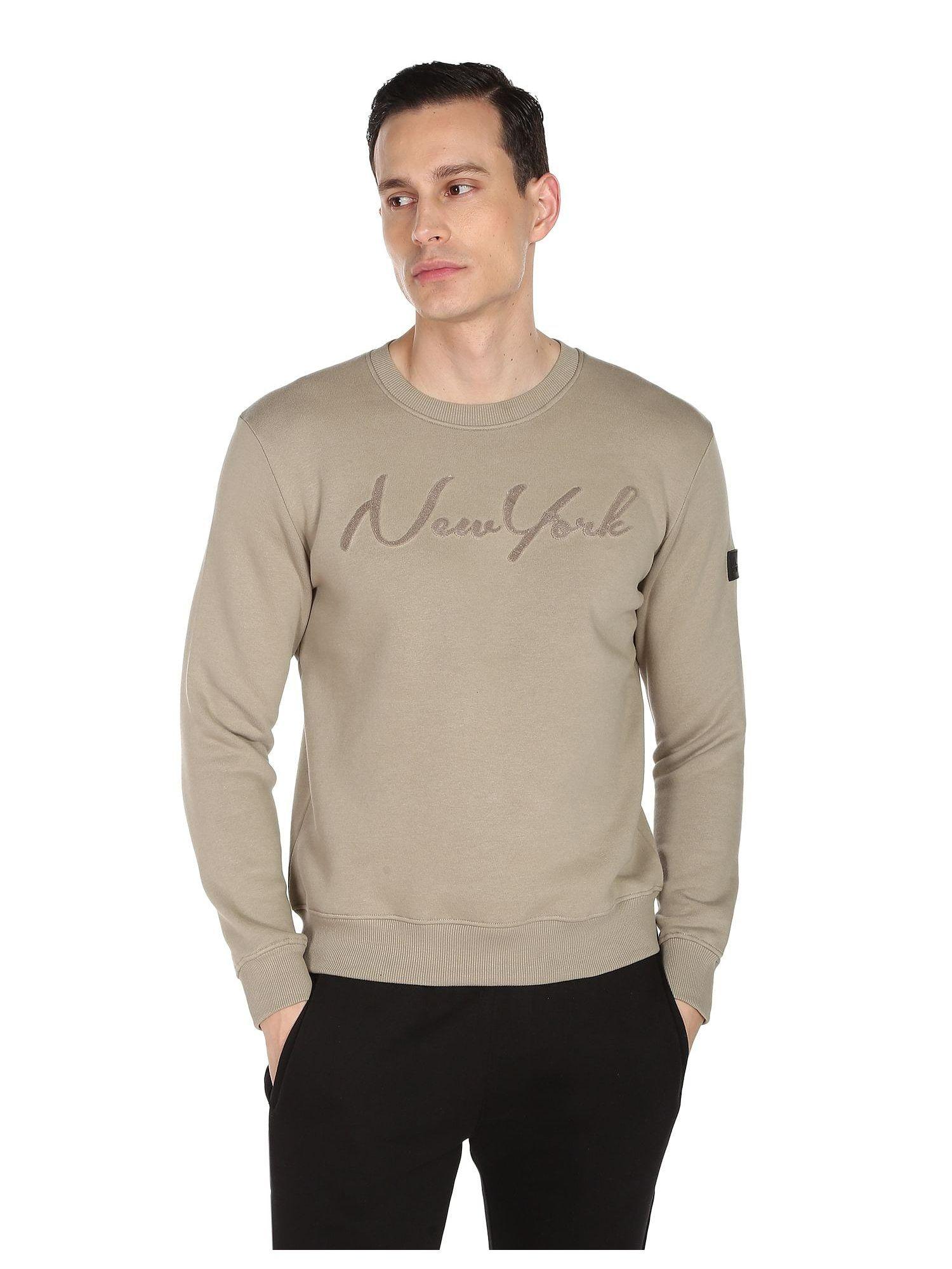 men grey crew neck typographic embroidery sweatshirt