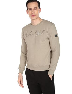 men grey crew neck typographic embroidery sweatshirt