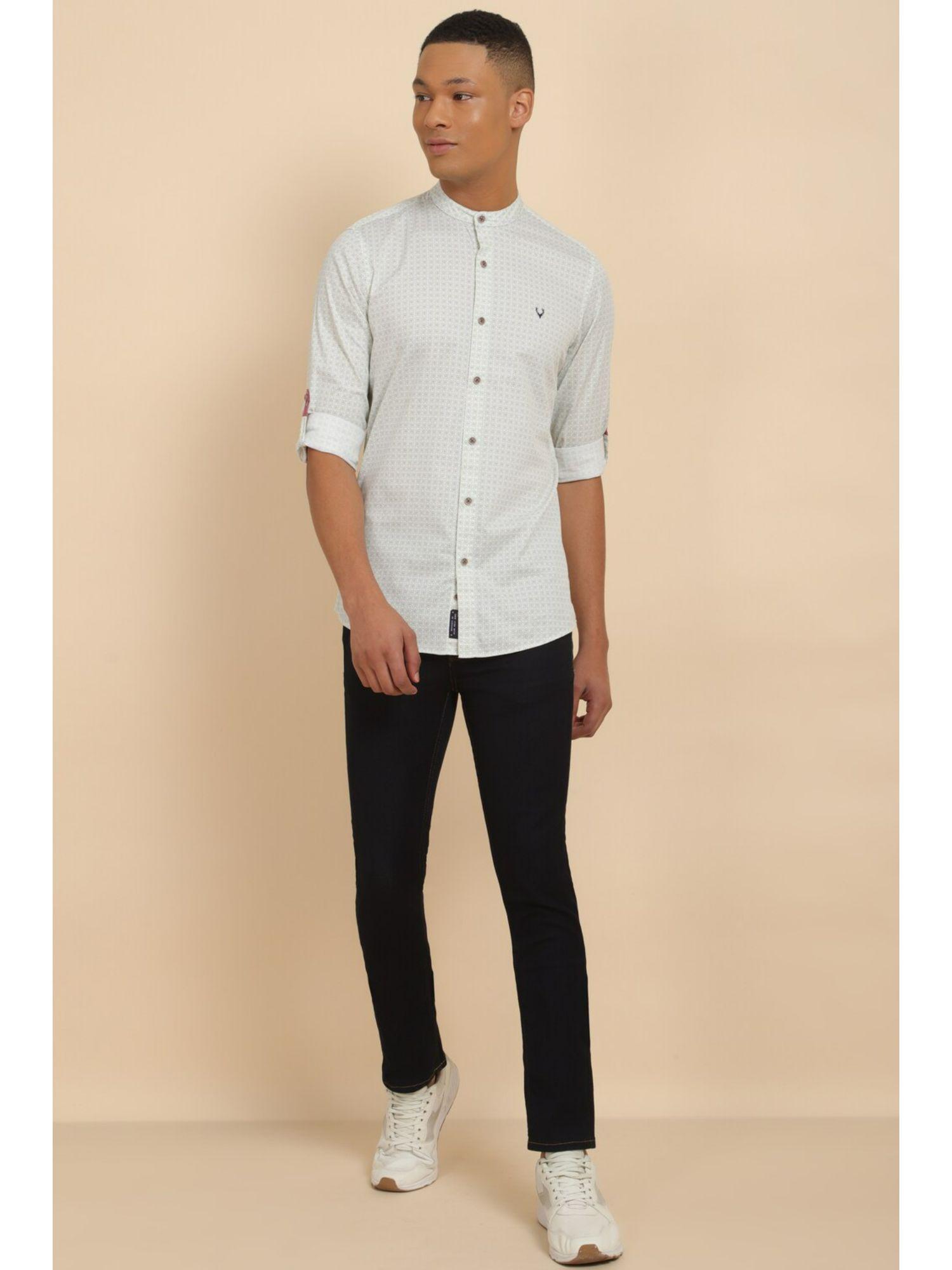 men grey custom fit print full sleeves casual shirt