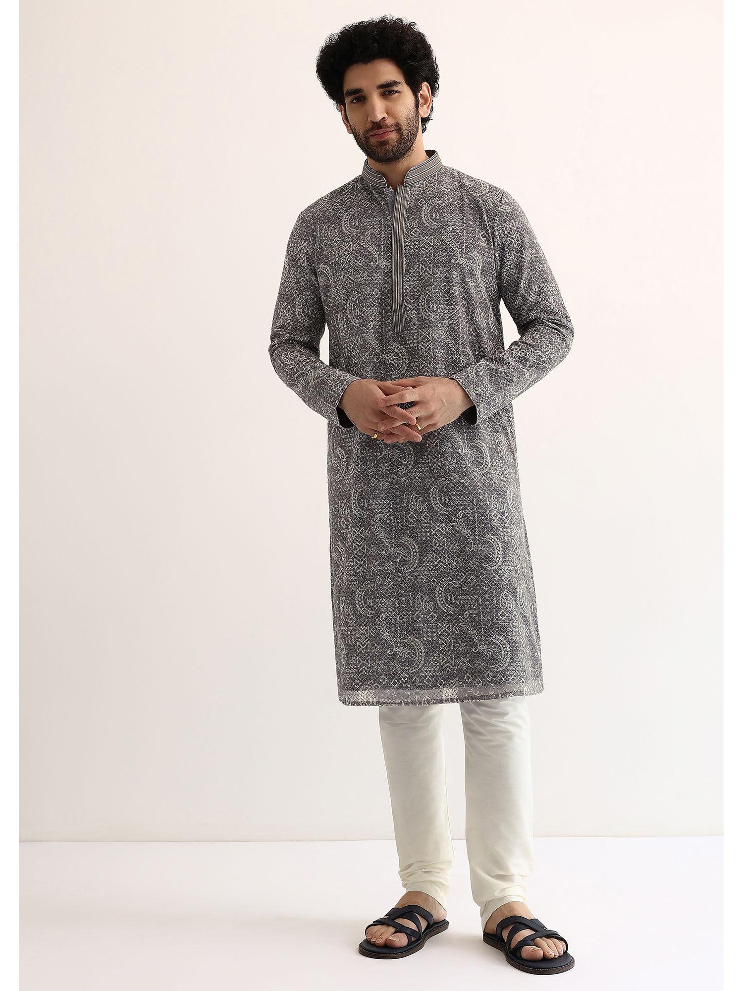 men grey georgette embroidered kurta with pant (set of 2)