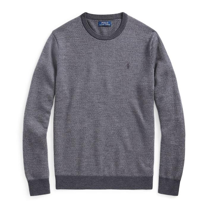 men grey herringbone-knit washable wool sweater