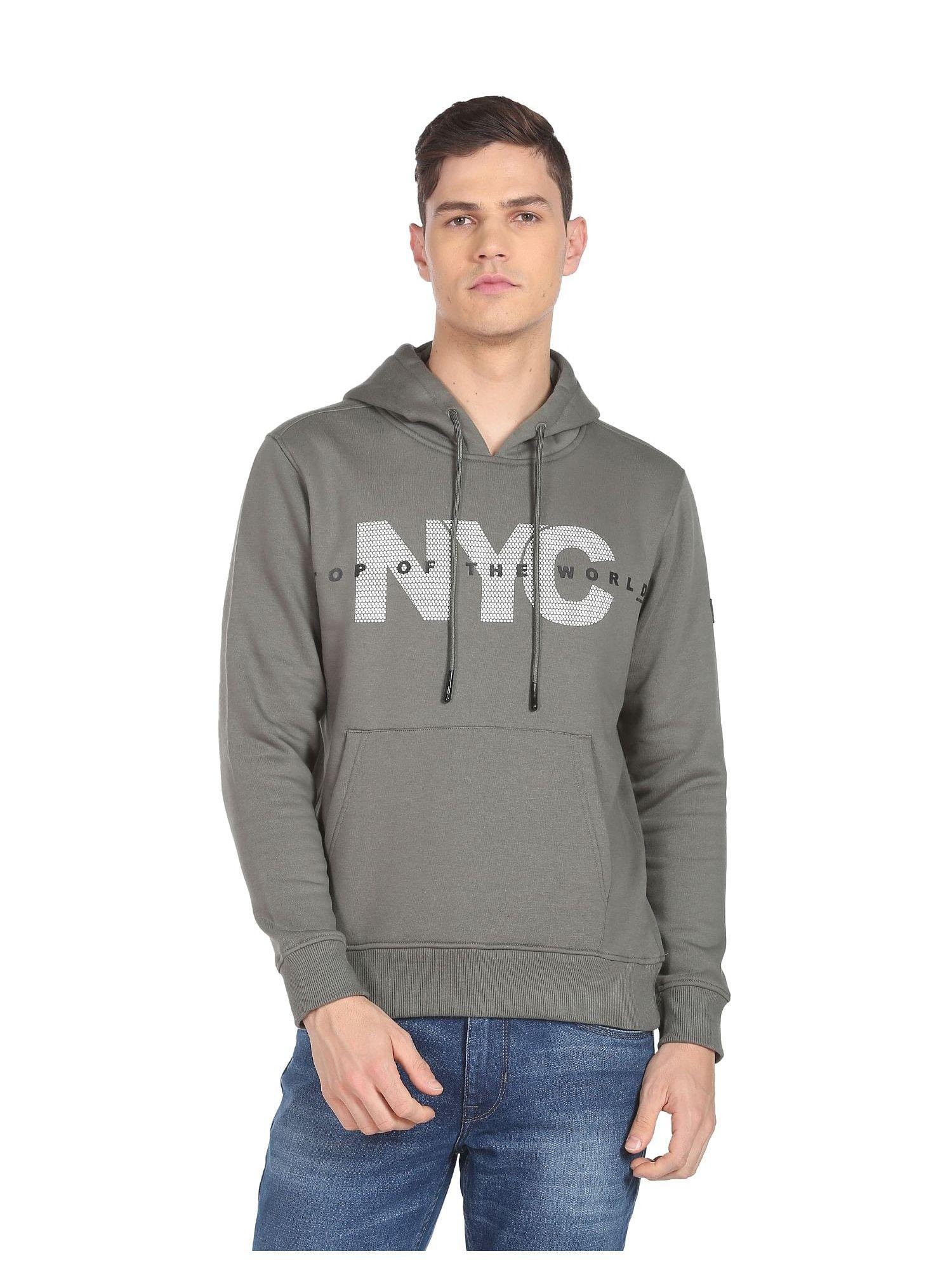 men grey kangaroo pocket brand print hooded sweatshirt