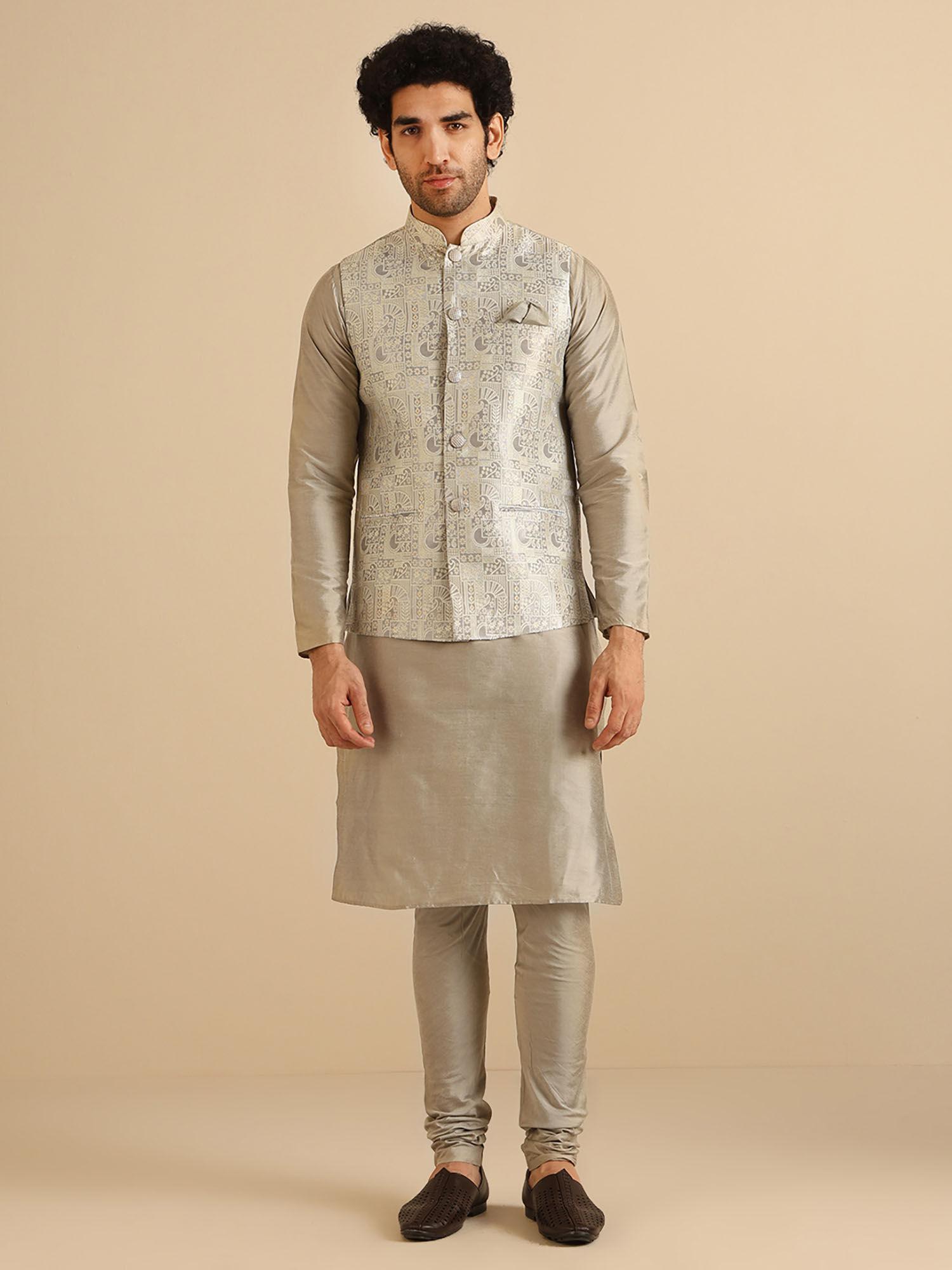 men grey kurta and nehru jacket with churidar (set of 3)