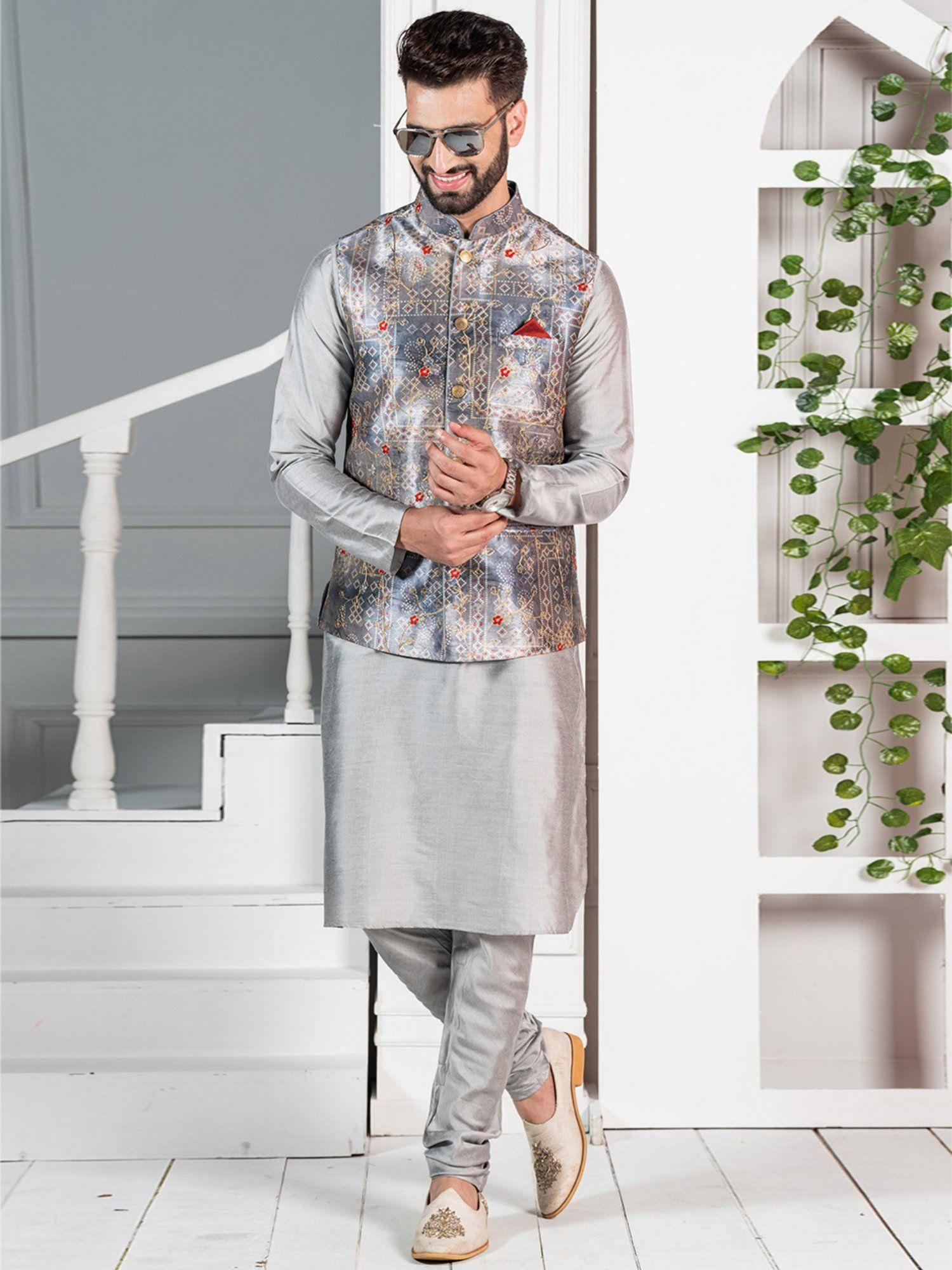 men grey kurta jacket set (set of 3)