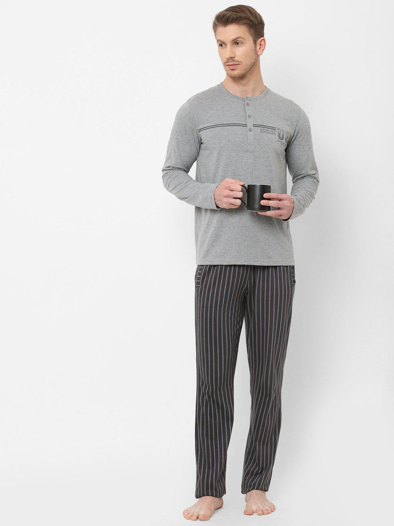 men grey mel cotton-poly printed night suits (set of 2)