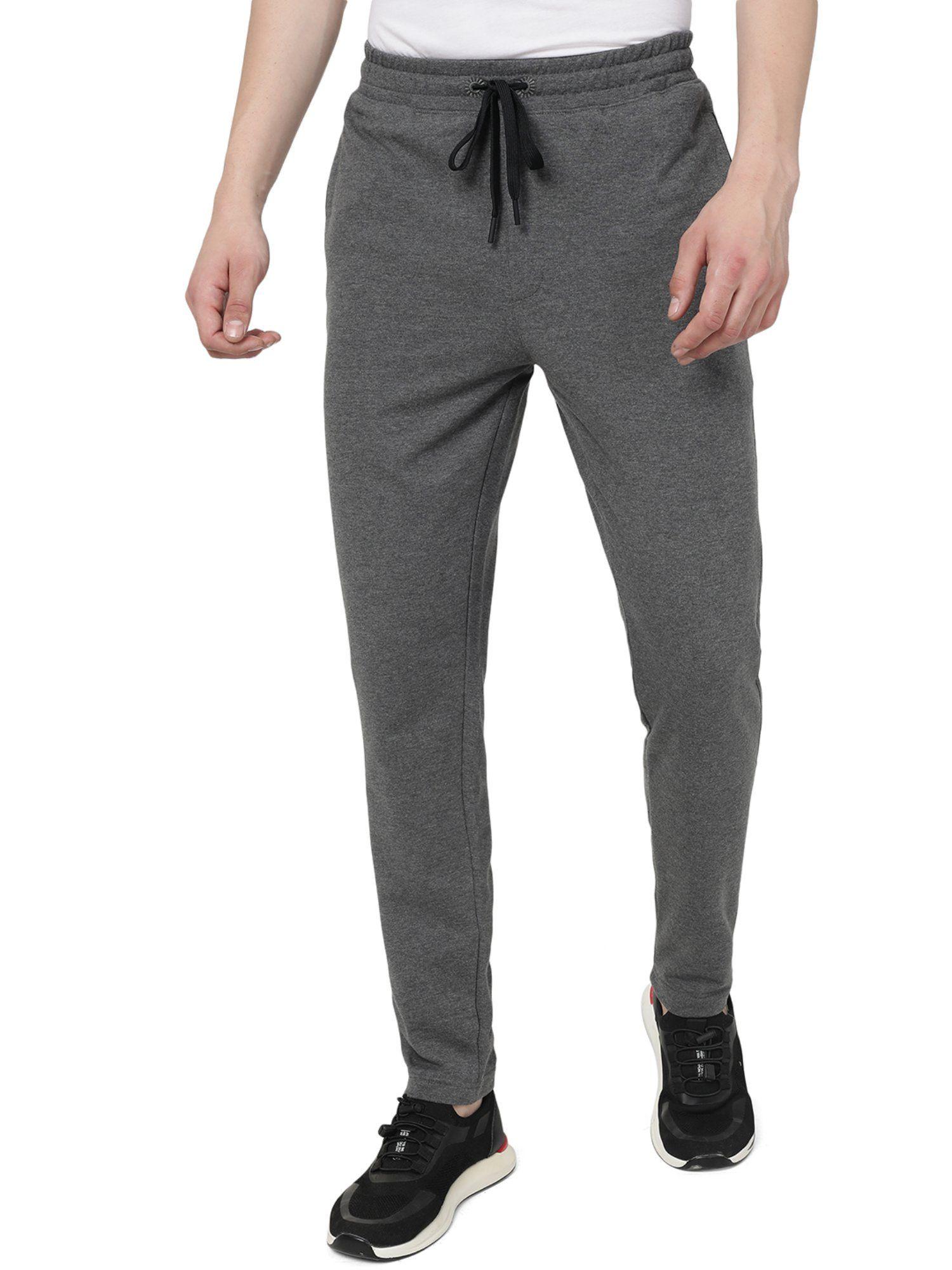men grey melange cotton blend regular fit solid track pant