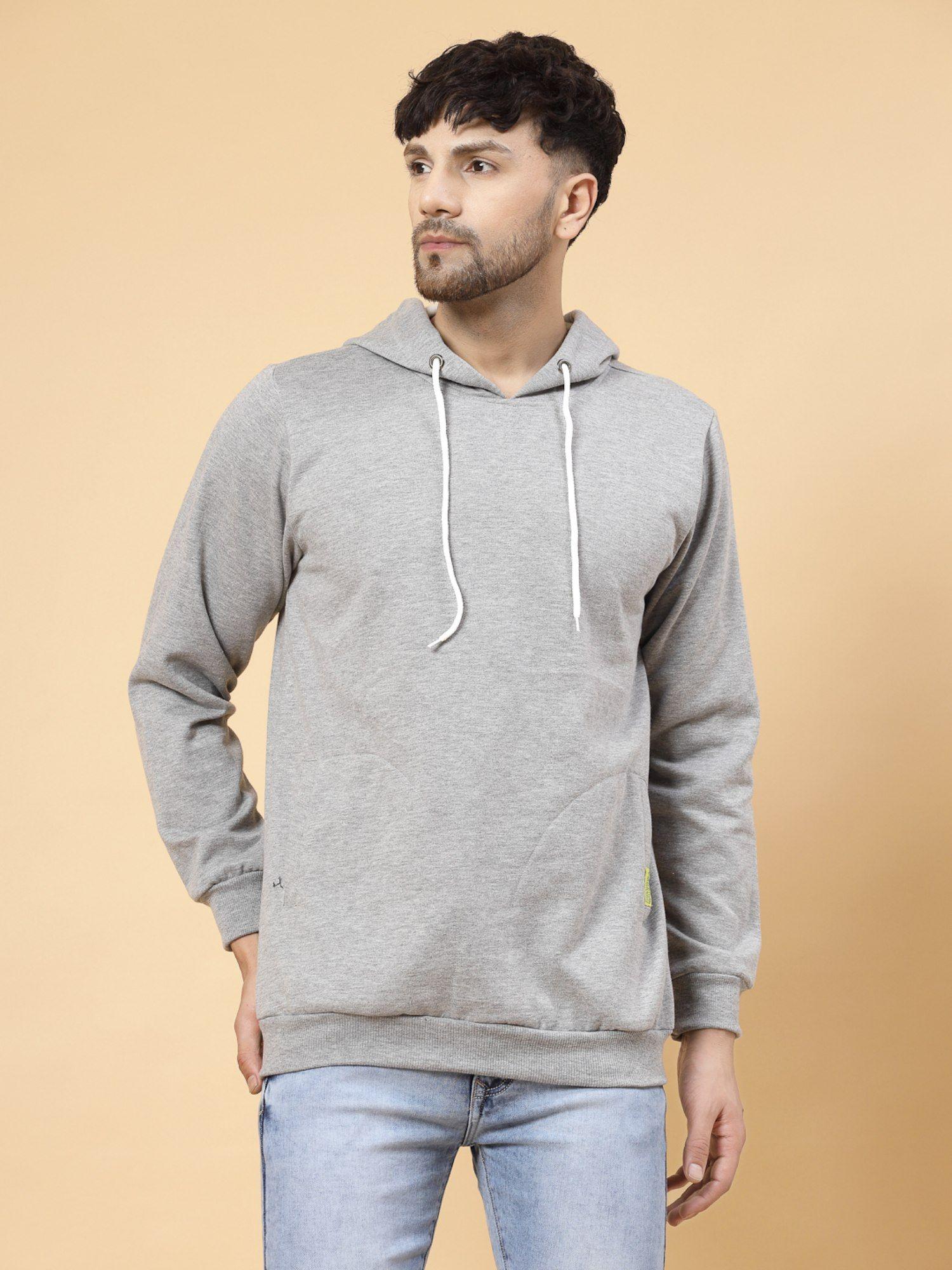 men grey melange fleece solid oversized sweatshirt