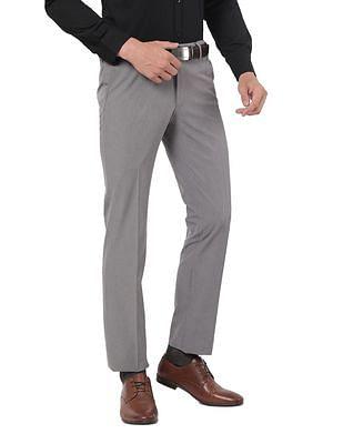 men grey mid rise solid formal trousers