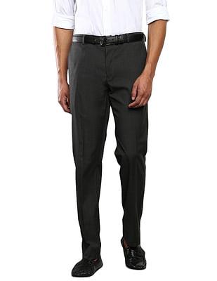 men grey mid rise windowpane check formal trousers