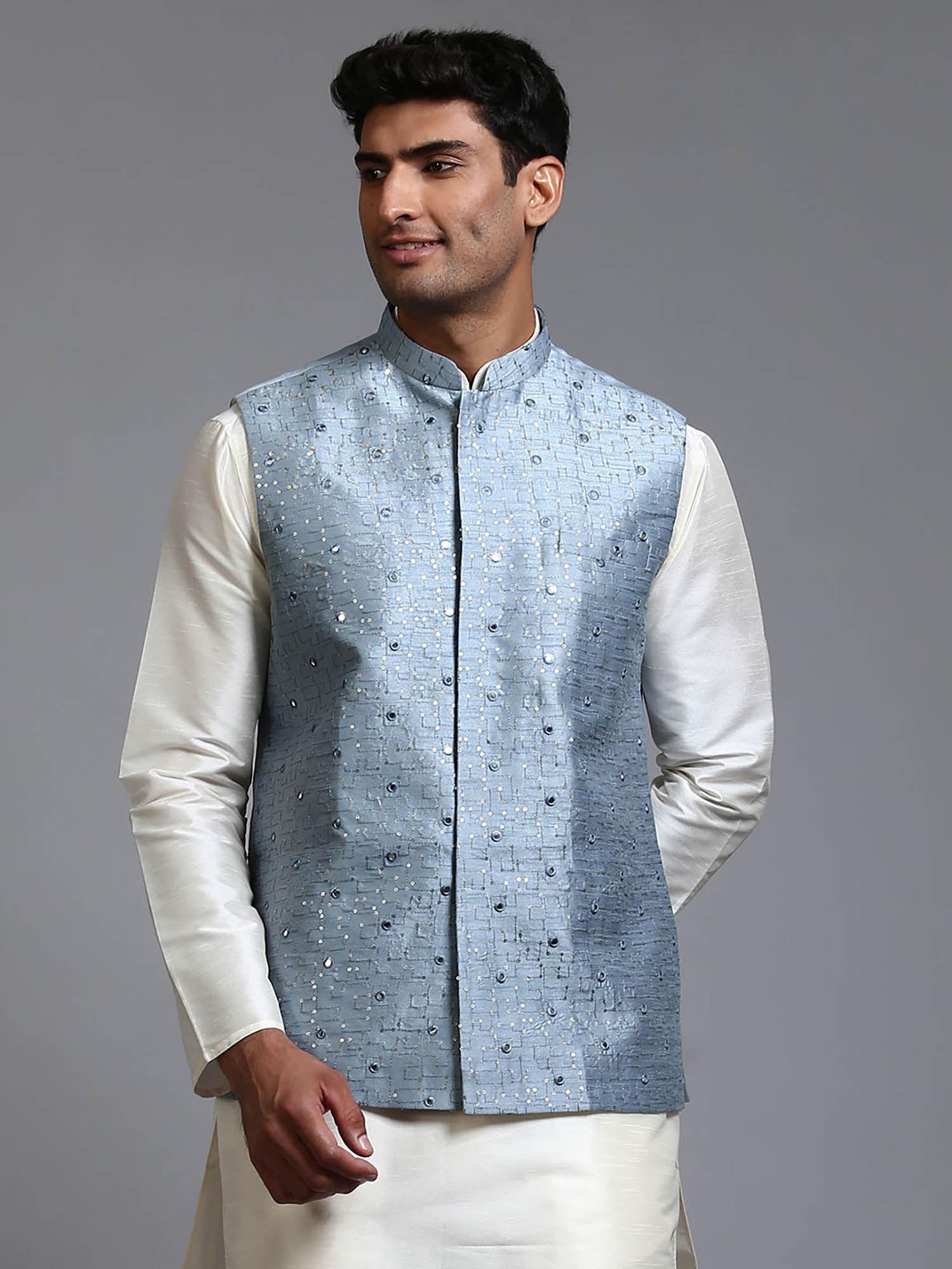 men grey mirror work nehru jacket