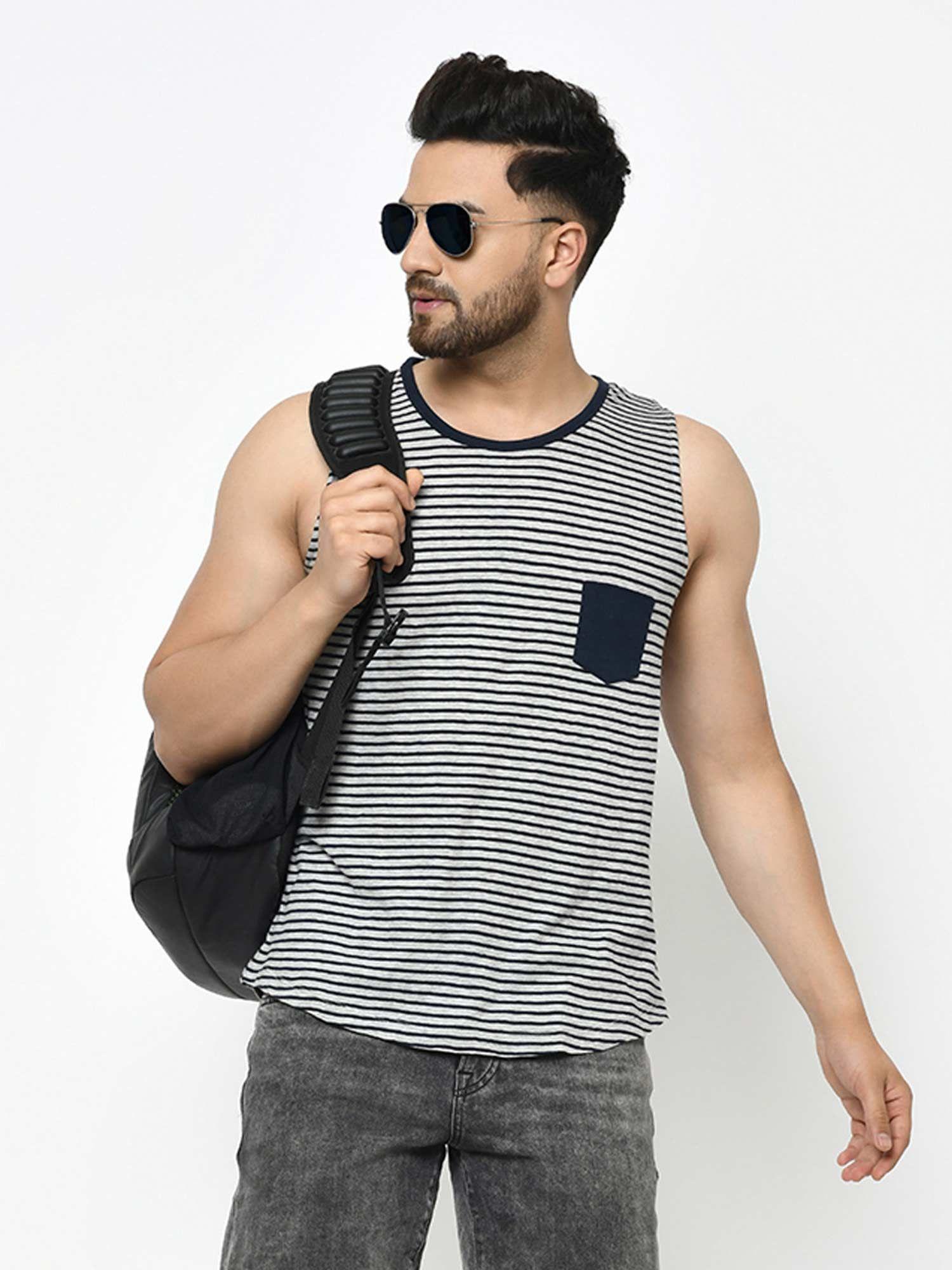 men grey navy stripe with contrast patch pocket curved bottom cotton sleeveless t-shirt