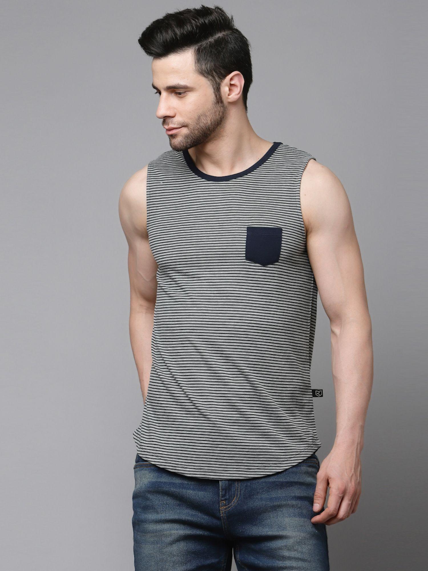 men grey navy striped vest t-shirt