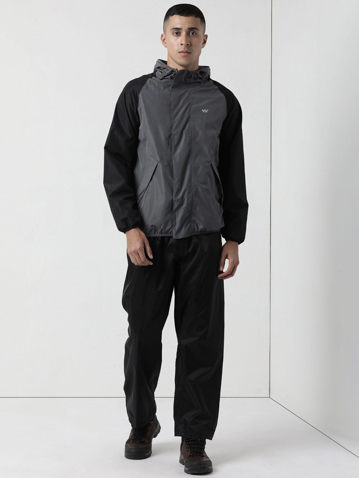 men grey polyester colorblock rain jacket with pant (set of 2)