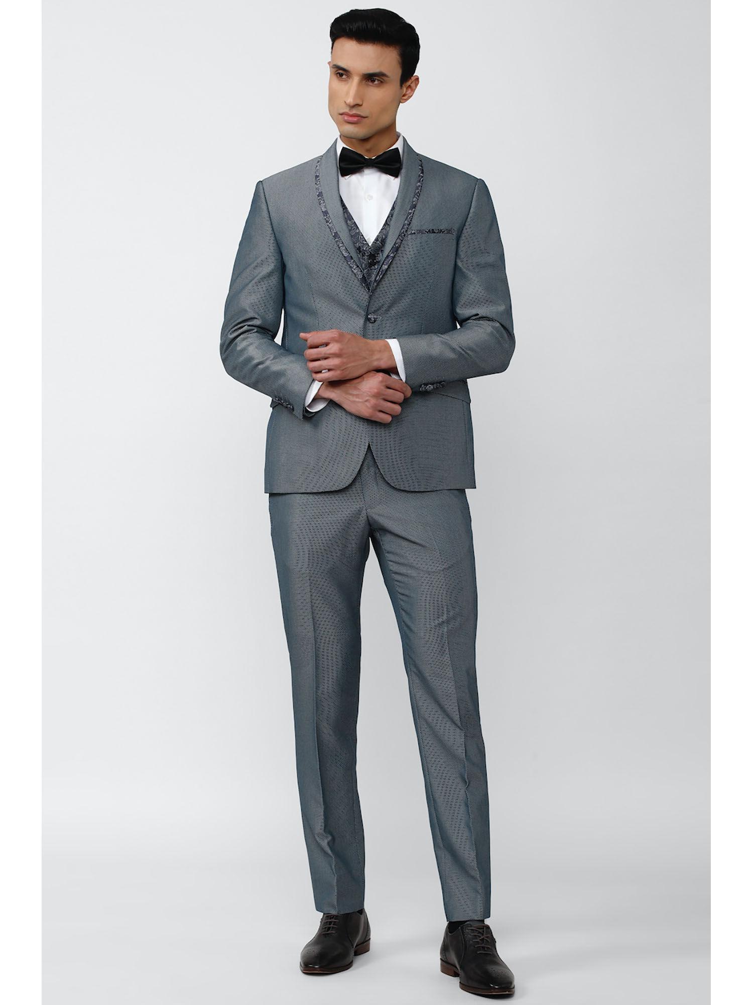 men grey print slim fit party suit (set of 3)