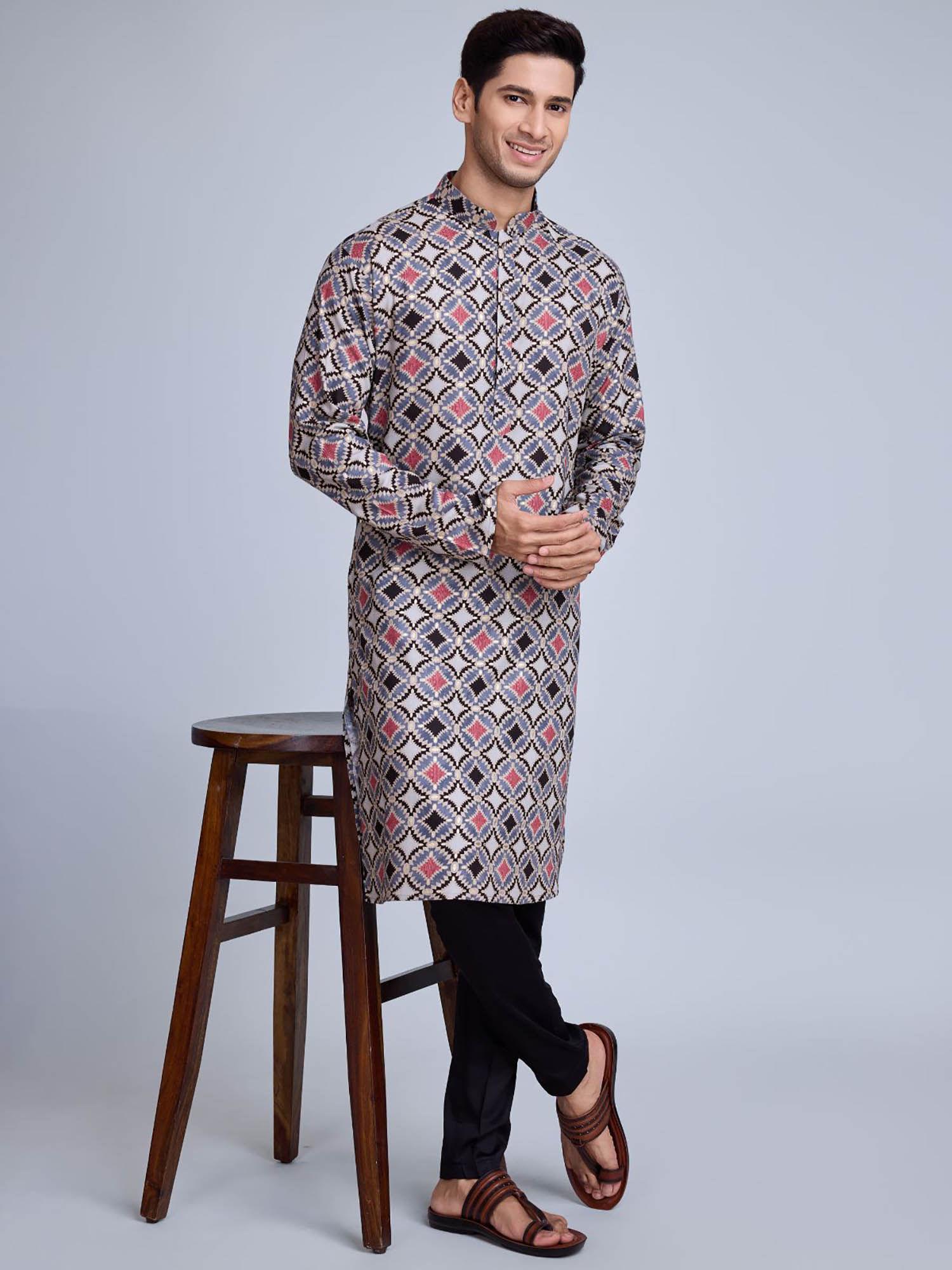 men grey rayon printed stitched kurta