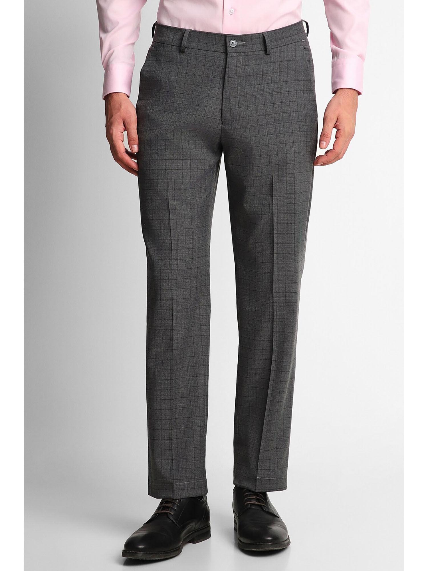 men grey regular fit check flat front formal trousers