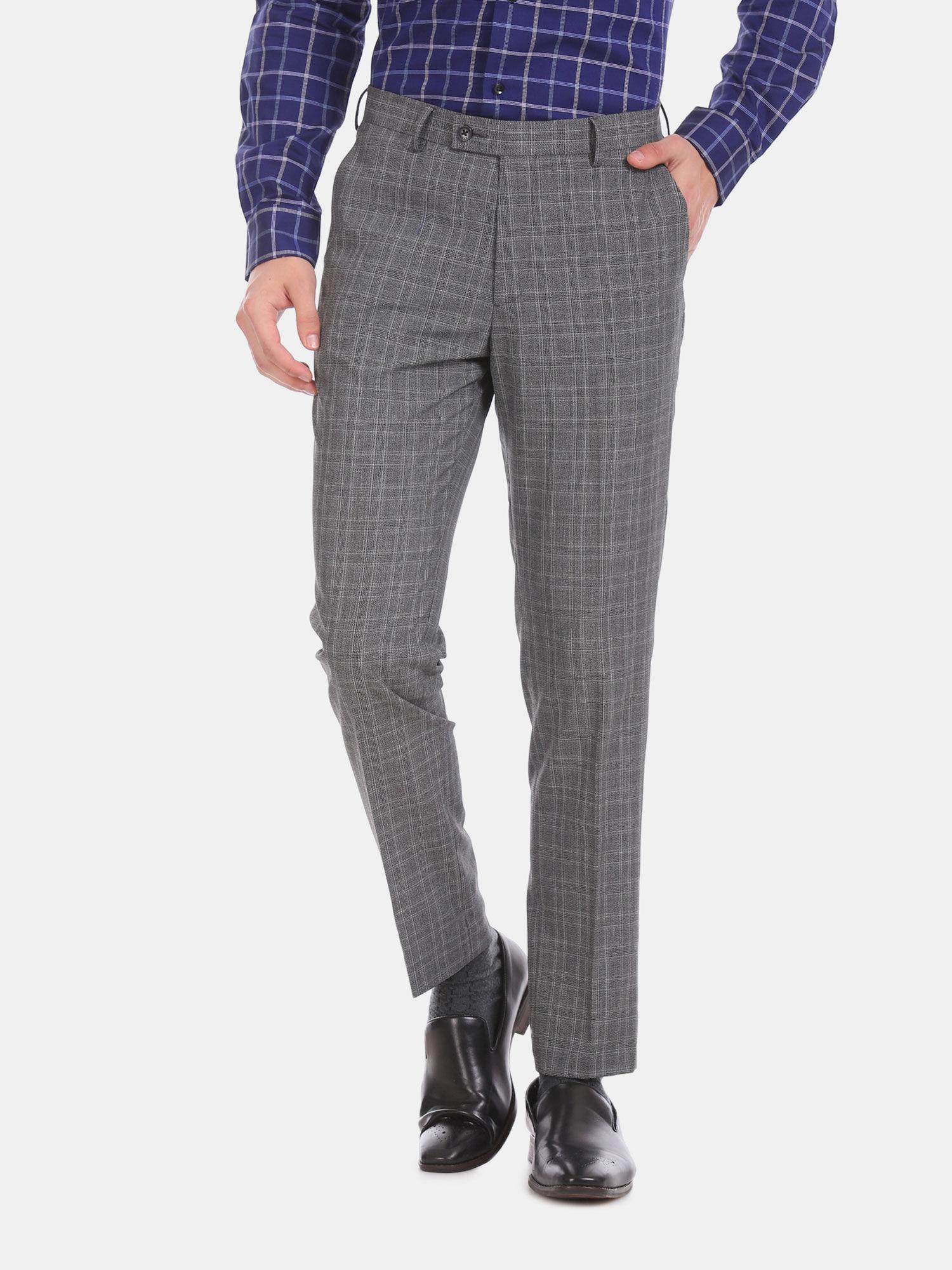 men grey slim fit patterned check formal trousers
