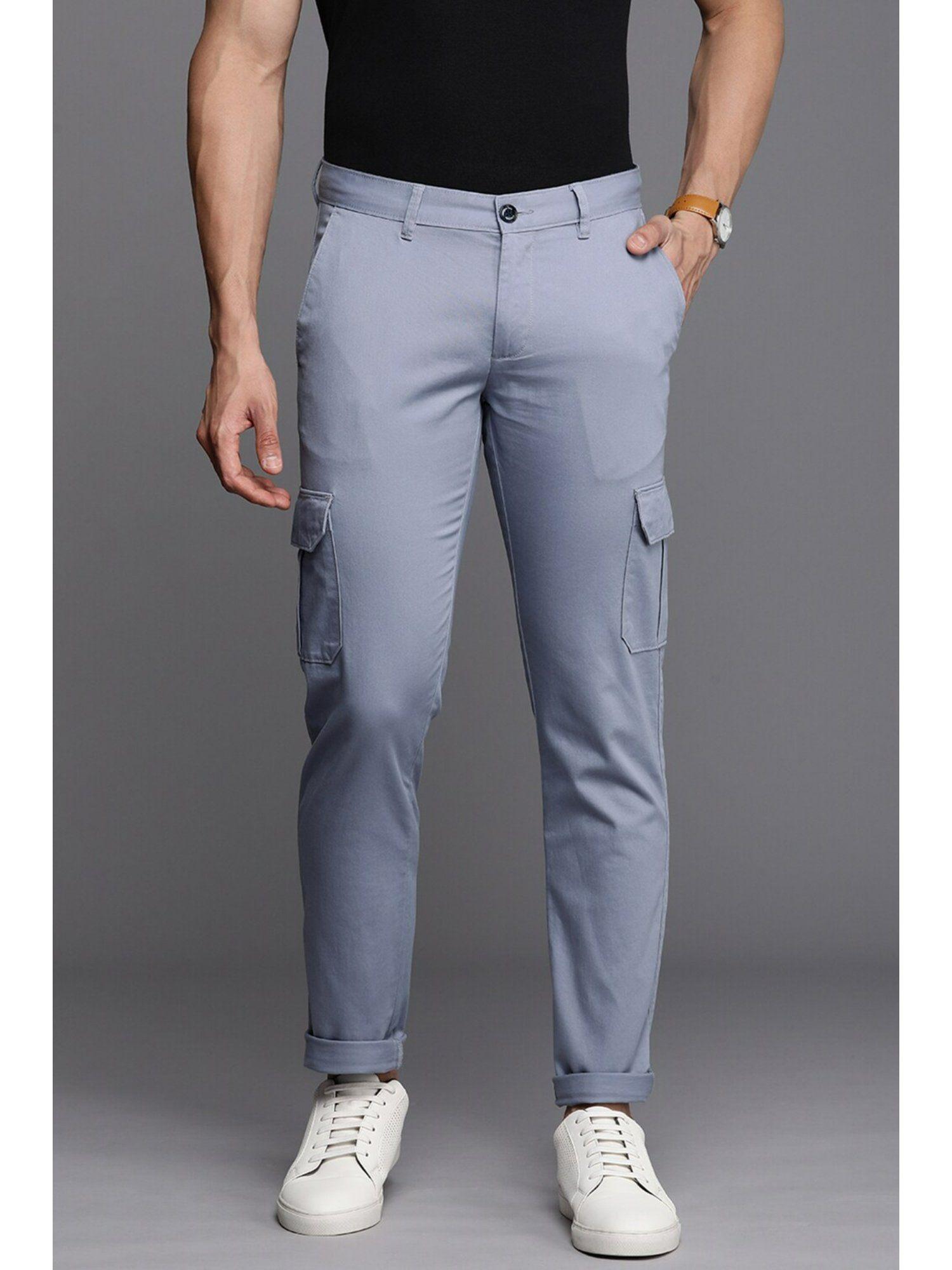 men grey slim fit solid casual trousers