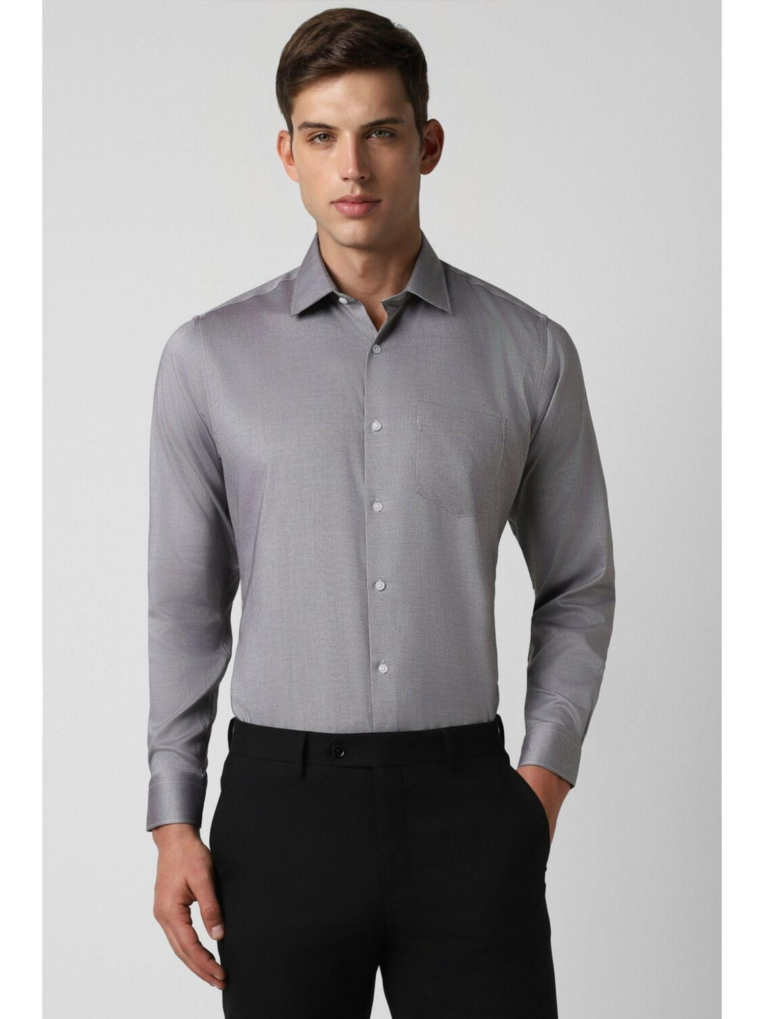 men grey slim fit textured full sleeves formal shirt